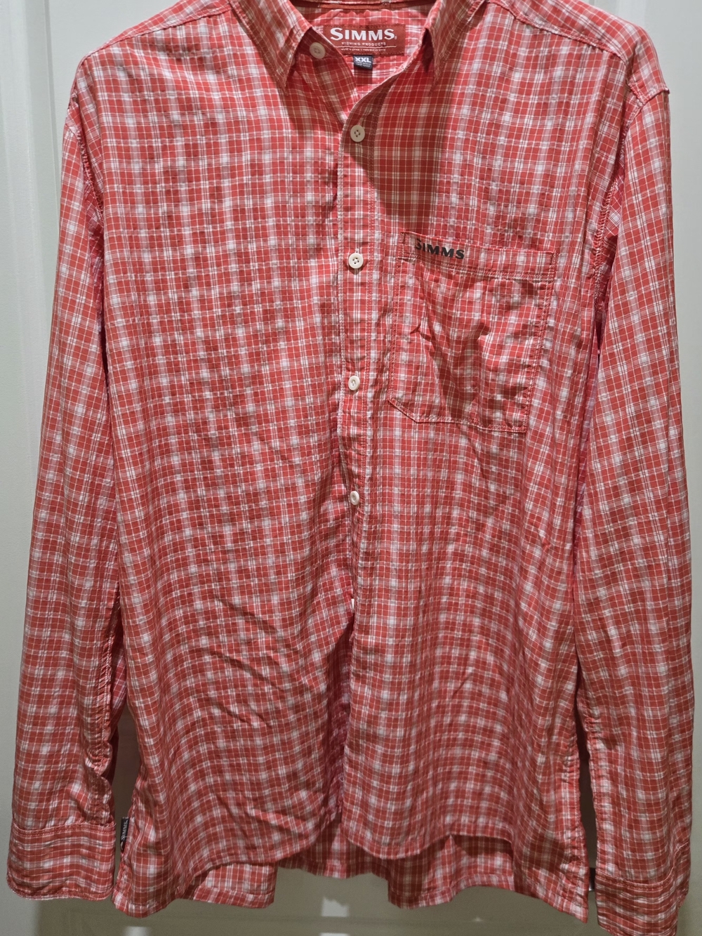 Simms Men's Orange and White Plaid Button-Down Shirt